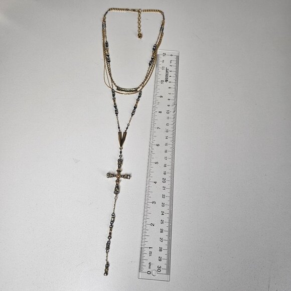 Layered Gold-Tone Necklace Ornate Cross Pendant‎ Beaded Accents 18" - Picture 10 of 11